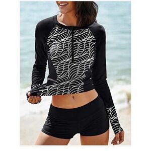 Rash Guard Swim Set Womens Small Black Long Sleeve Zip Front Boyshort 2 Piece
